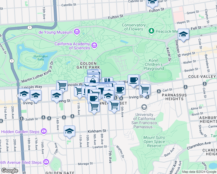 map of restaurants, bars, coffee shops, grocery stores, and more near 1221 7th Avenue in San Francisco