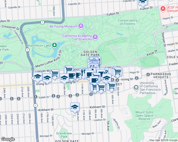 map of restaurants, bars, coffee shops, grocery stores, and more near 1205 10th Avenue in San Francisco