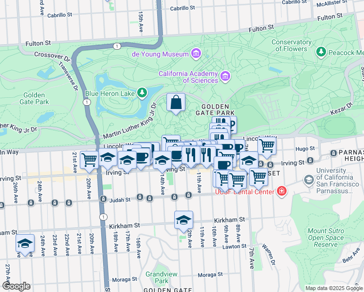 map of restaurants, bars, coffee shops, grocery stores, and more near 1200 Funston Avenue in San Francisco