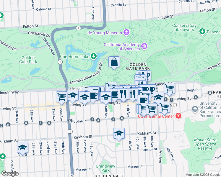 map of restaurants, bars, coffee shops, grocery stores, and more near 1200 Funston Avenue in San Francisco