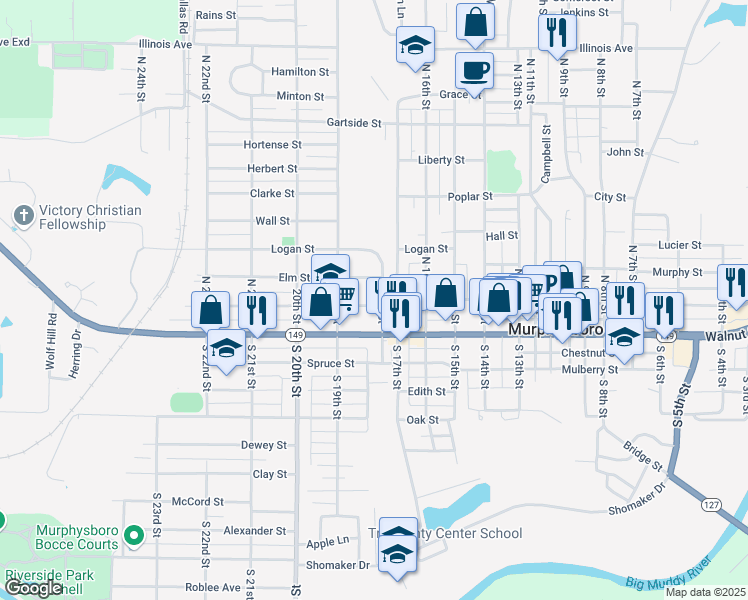 map of restaurants, bars, coffee shops, grocery stores, and more near 1812 Pine Street in Murphysboro