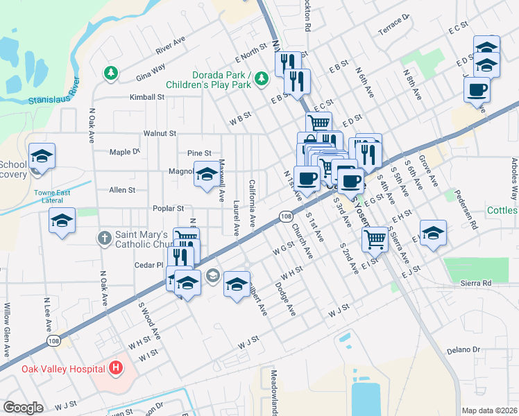 map of restaurants, bars, coffee shops, grocery stores, and more near 301 Poplar Street in Oakdale