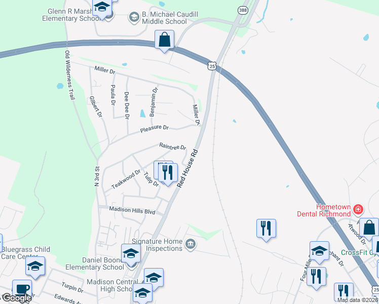map of restaurants, bars, coffee shops, grocery stores, and more near 1007 Raintree Drive in Richmond