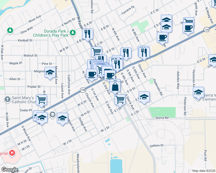 map of restaurants, bars, coffee shops, grocery stores, and more near 151 South 3rd Avenue in Oakdale