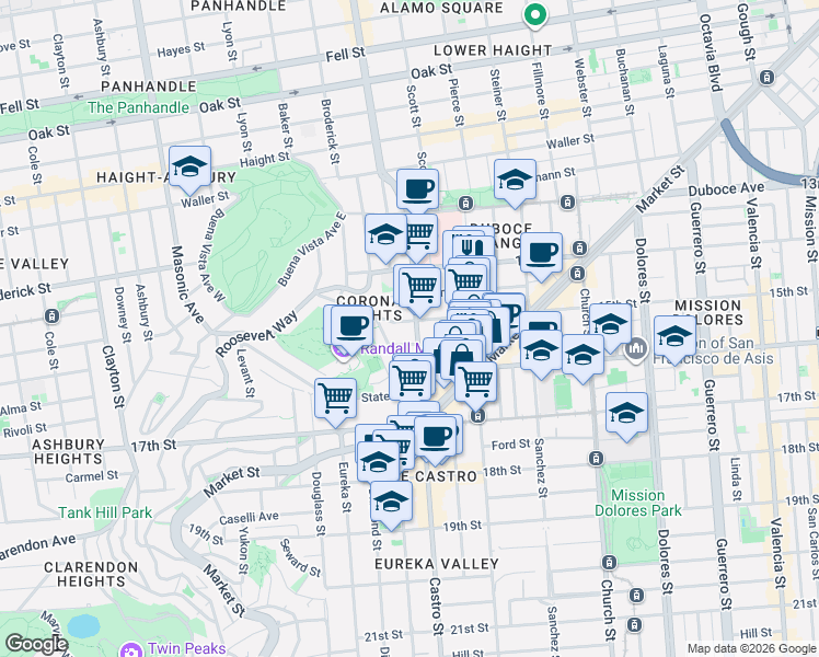 map of restaurants, bars, coffee shops, grocery stores, and more near in San Francisco