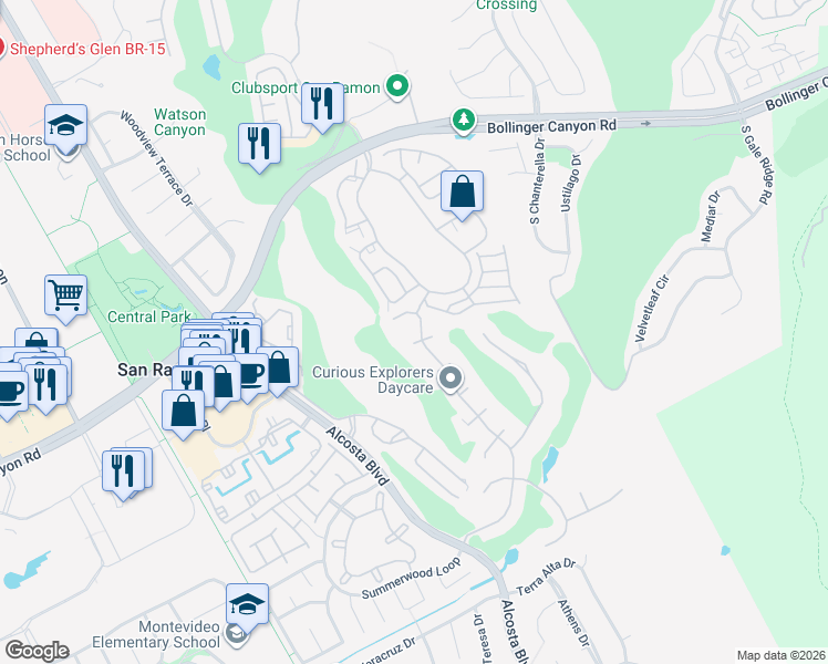 map of restaurants, bars, coffee shops, grocery stores, and more near 1155 Canyon Hills Road in San Ramon