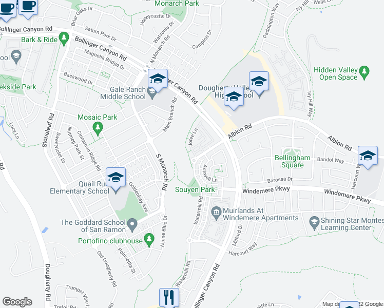 map of restaurants, bars, coffee shops, grocery stores, and more near 312 Joree Lane in San Ramon