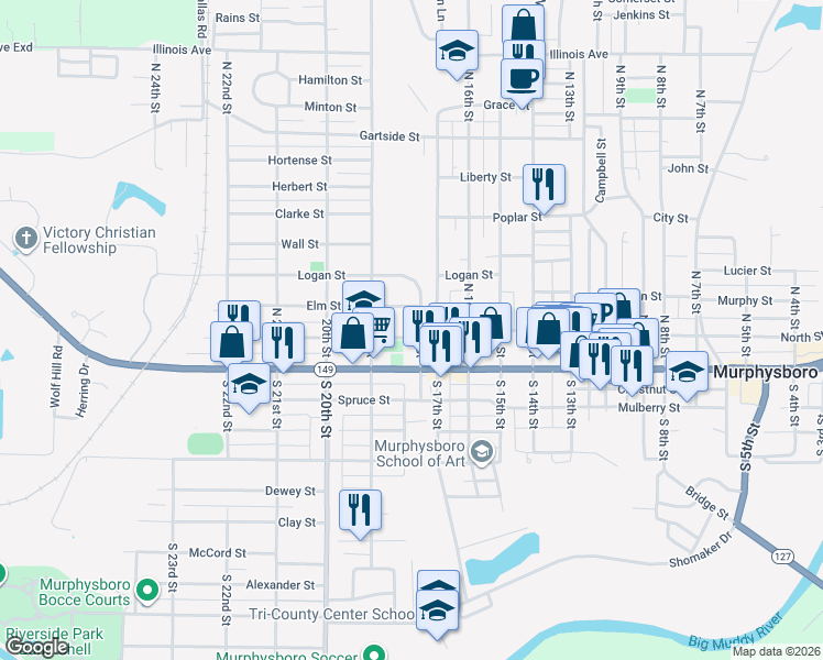 map of restaurants, bars, coffee shops, grocery stores, and more near 1812 Pine Street in Murphysboro