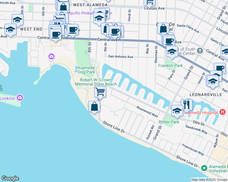 map of restaurants, bars, coffee shops, grocery stores, and more near 1002 Otis Drive in Alameda