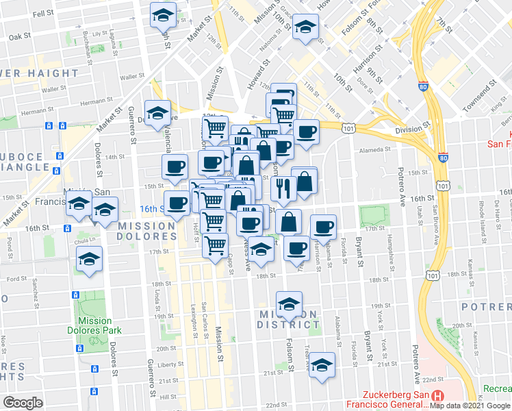 map of restaurants, bars, coffee shops, grocery stores, and more near 2860 16th Street in San Francisco