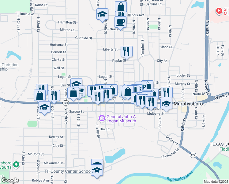 map of restaurants, bars, coffee shops, grocery stores, and more near 1499 Manning St in Murphysboro