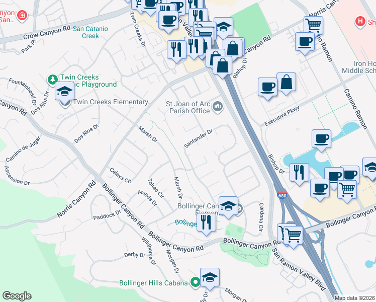 map of restaurants, bars, coffee shops, grocery stores, and more near 499 Santander Drive in San Ramon
