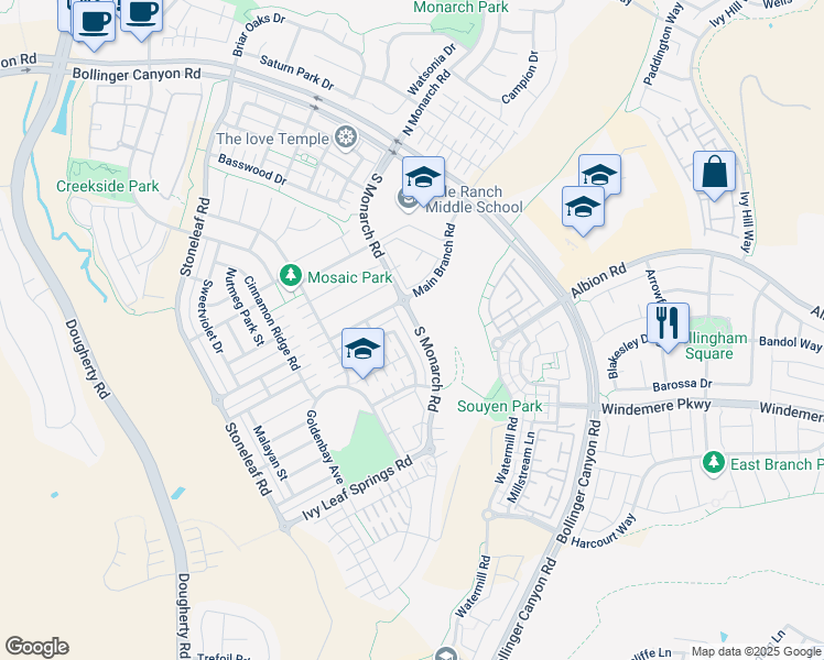 map of restaurants, bars, coffee shops, grocery stores, and more near 1058 South Monarch Road in San Ramon