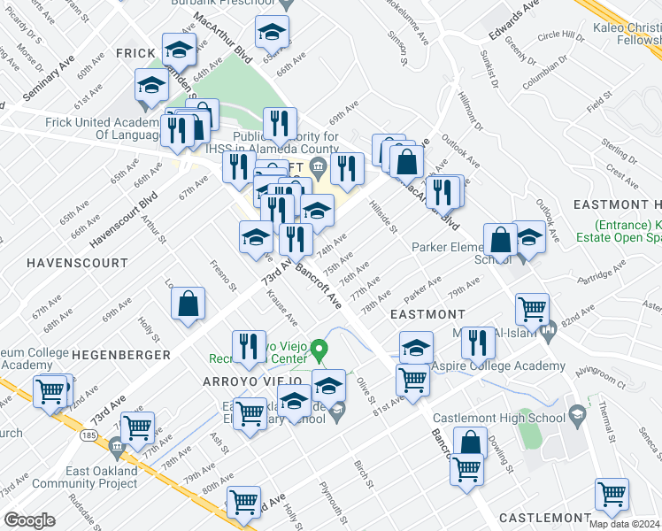 map of restaurants, bars, coffee shops, grocery stores, and more near 2525 75th Avenue in Oakland