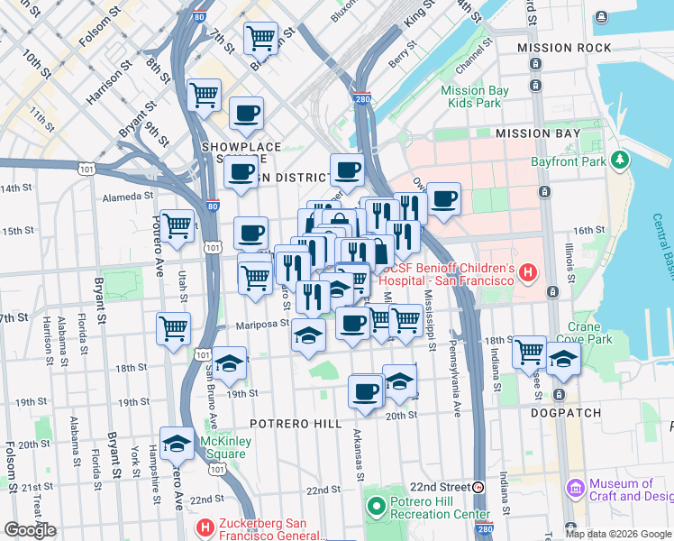 map of restaurants, bars, coffee shops, grocery stores, and more near 75 Arkansas Street in San Francisco