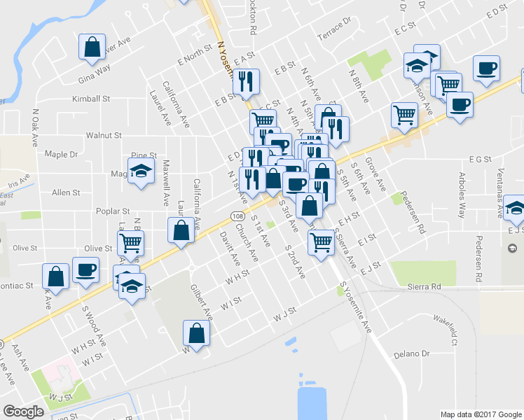 map of restaurants, bars, coffee shops, grocery stores, and more near 131 East F Street in Oakdale