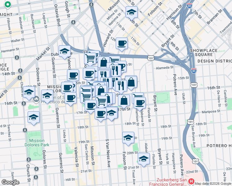 map of restaurants, bars, coffee shops, grocery stores, and more near 2828 16th Street in San Francisco