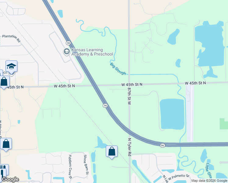 map of restaurants, bars, coffee shops, grocery stores, and more near 9511 W 45th Street North in Maize
