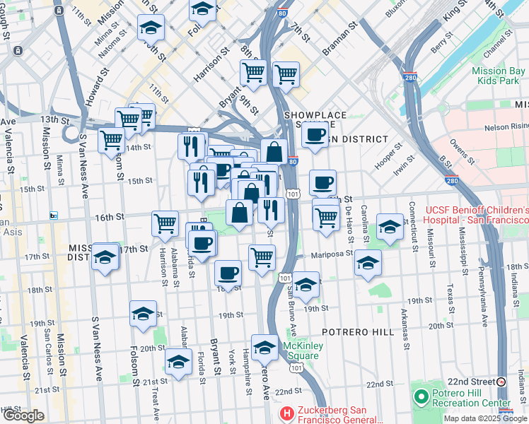 map of restaurants, bars, coffee shops, grocery stores, and more near in San Francisco
