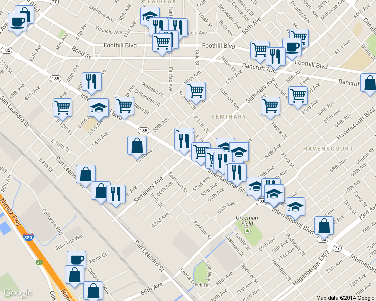 map of restaurants, bars, coffee shops, grocery stores, and more near 1419 Seminary Avenue in Oakland