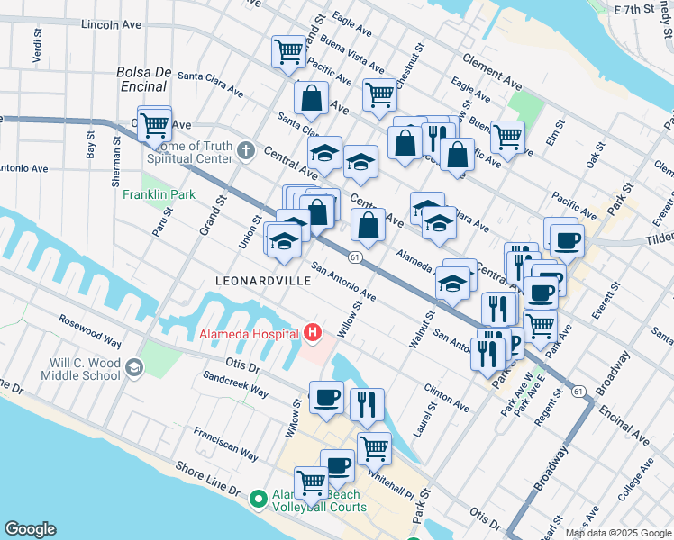 map of restaurants, bars, coffee shops, grocery stores, and more near 2033 San Antonio Avenue in Alameda