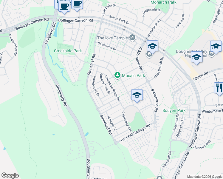 map of restaurants, bars, coffee shops, grocery stores, and more near 3308 Nutmeg Park Street in San Ramon