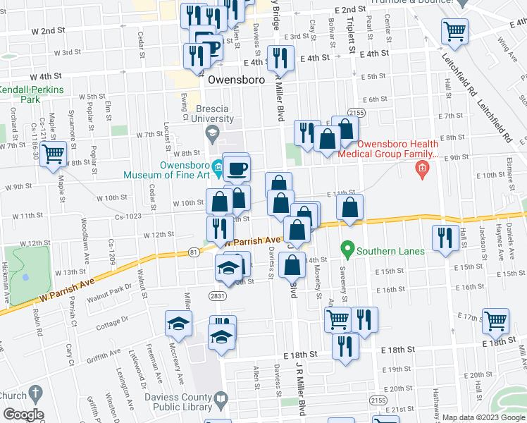 map of restaurants, bars, coffee shops, grocery stores, and more near 119 East 12th Street in Owensboro