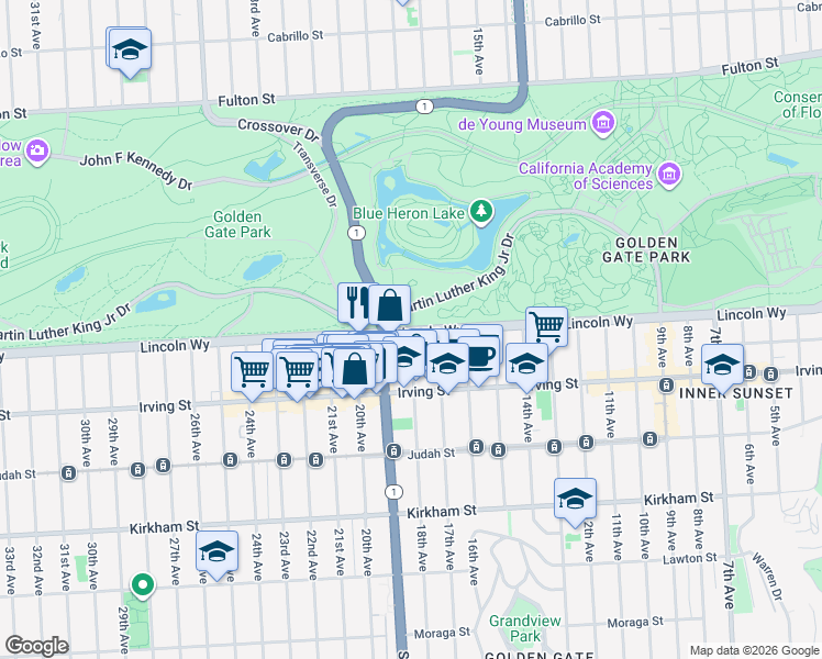 map of restaurants, bars, coffee shops, grocery stores, and more near Lincoln Way & 18th Ave in San Francisco