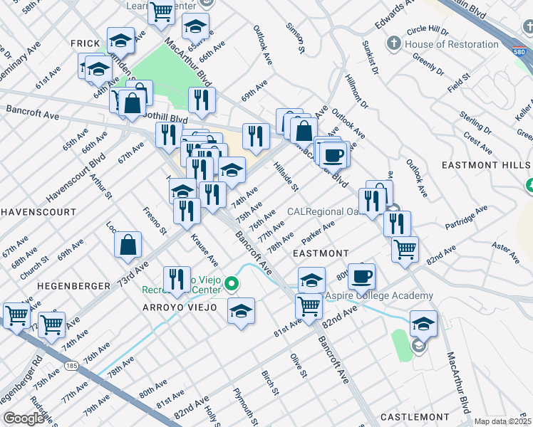 map of restaurants, bars, coffee shops, grocery stores, and more near 2611 76th Avenue in Oakland