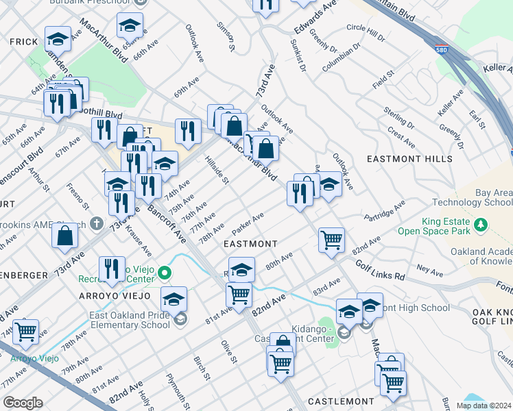 map of restaurants, bars, coffee shops, grocery stores, and more near 2720 78th Avenue in Oakland