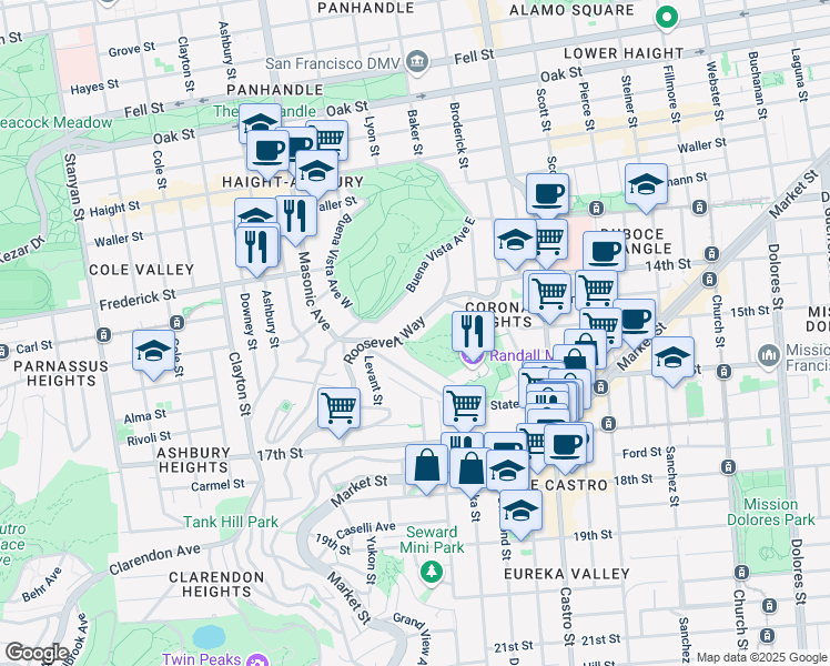 map of restaurants, bars, coffee shops, grocery stores, and more near 275 Roosevelt Way in San Francisco