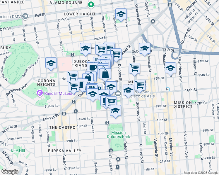 map of restaurants, bars, coffee shops, grocery stores, and more near 345 Church Street in San Francisco