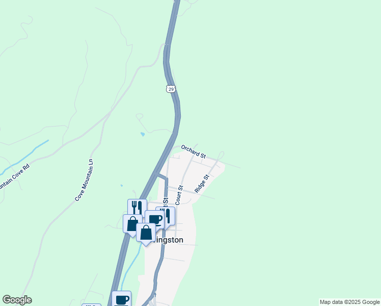 map of restaurants, bars, coffee shops, grocery stores, and more near 2 Court Street in Lovingston