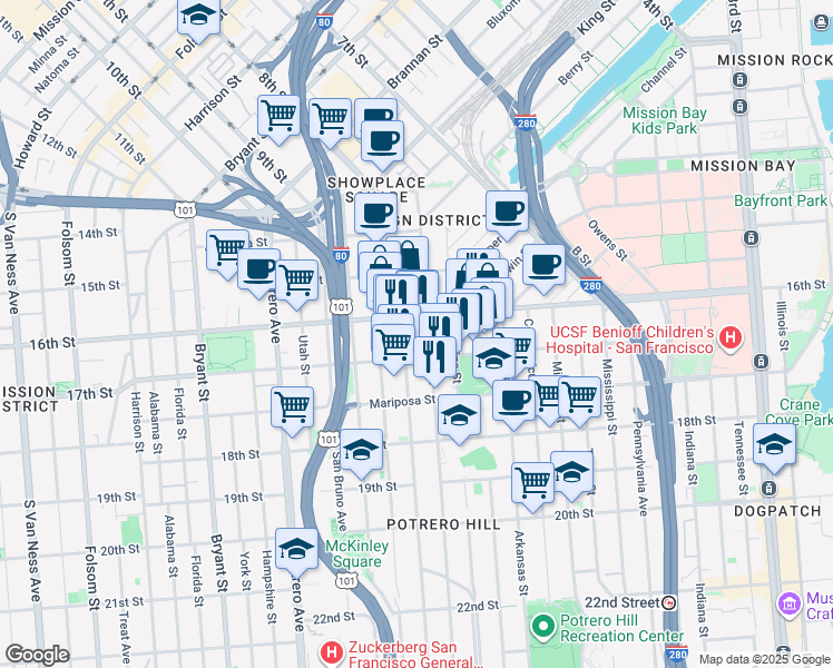 map of restaurants, bars, coffee shops, grocery stores, and more near 352 De Haro Street in San Francisco