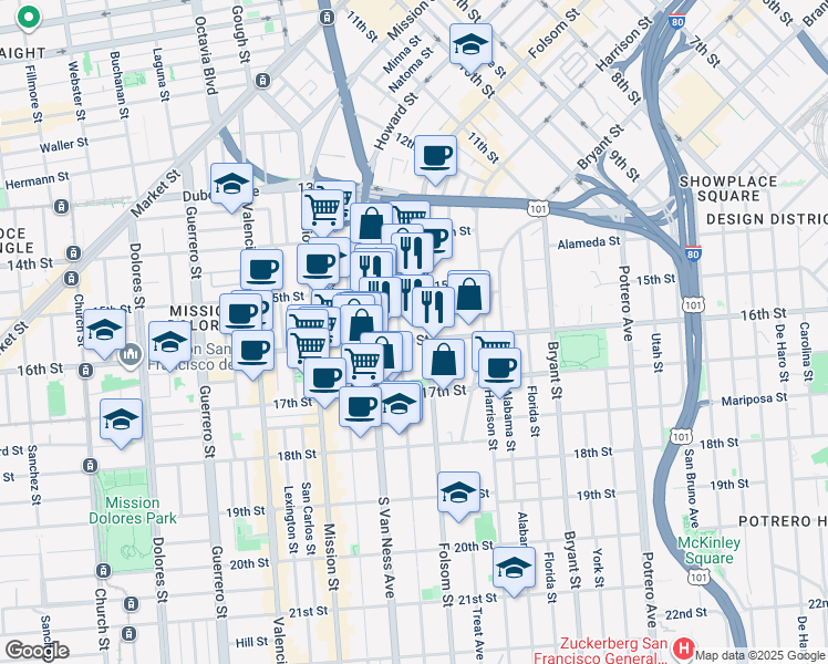 map of restaurants, bars, coffee shops, grocery stores, and more near 2828 16th Street in San Francisco
