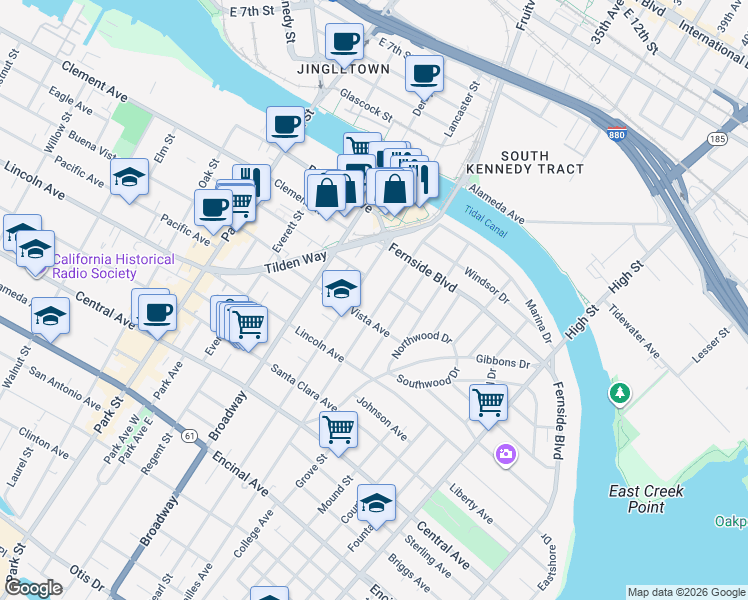 map of restaurants, bars, coffee shops, grocery stores, and more near 1721 Versailles Avenue in Alameda