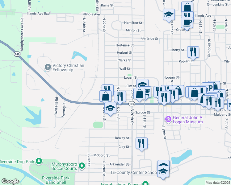 map of restaurants, bars, coffee shops, grocery stores, and more near 2120 Pine Street in Murphysboro