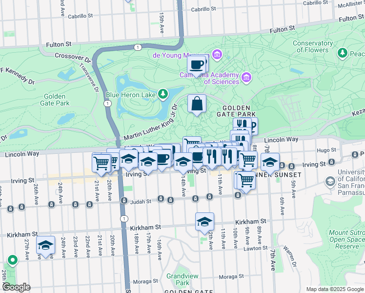 map of restaurants, bars, coffee shops, grocery stores, and more near 1301 Lincoln Way in San Francisco