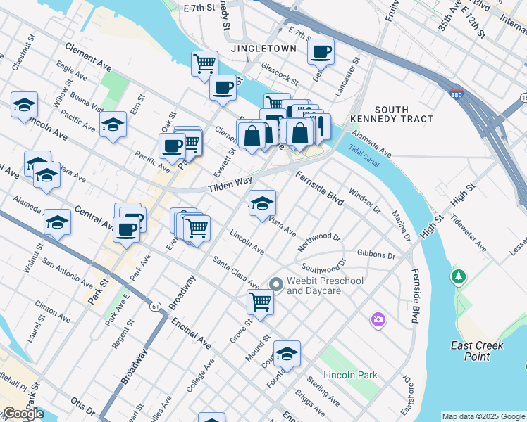 map of restaurants, bars, coffee shops, grocery stores, and more near 2627 Buena Vista Avenue in Alameda