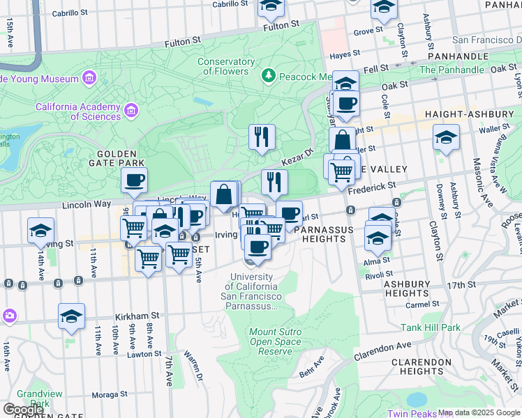 map of restaurants, bars, coffee shops, grocery stores, and more near 1233 Arguello Boulevard in San Francisco