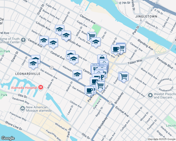 map of restaurants, bars, coffee shops, grocery stores, and more near 2223 Central Avenue in Alameda