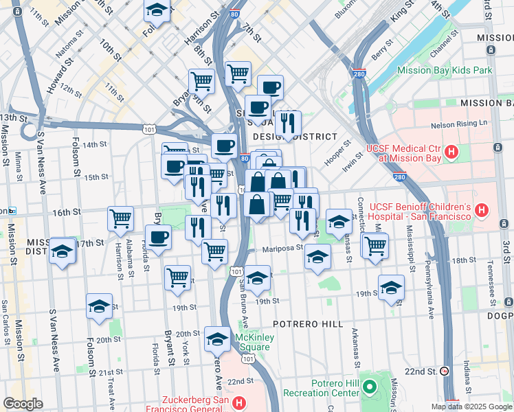 map of restaurants, bars, coffee shops, grocery stores, and more near 325 Vermont Street in San Francisco