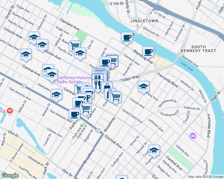 map of restaurants, bars, coffee shops, grocery stores, and more near 1537 Everett Street in Alameda