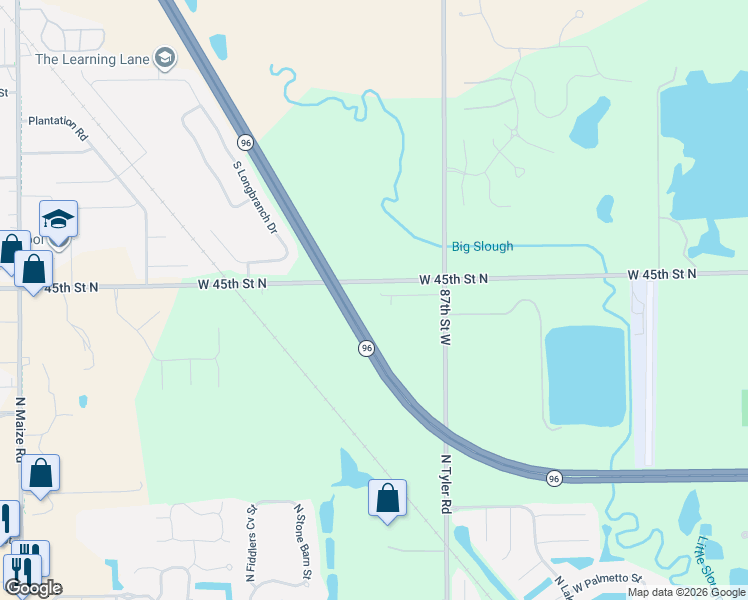 map of restaurants, bars, coffee shops, grocery stores, and more near 9511 W 45th Street North in Maize