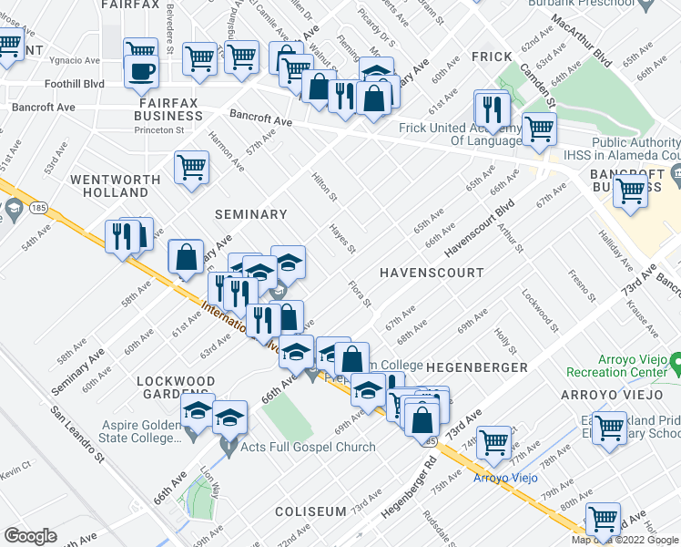 map of restaurants, bars, coffee shops, grocery stores, and more near 2068 64th Avenue in Oakland