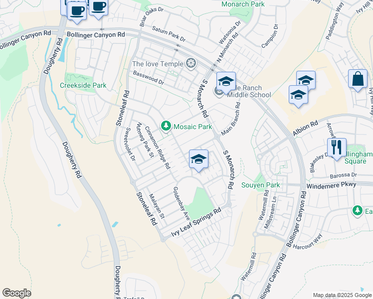 map of restaurants, bars, coffee shops, grocery stores, and more near 6207 Main Branch Road in San Ramon