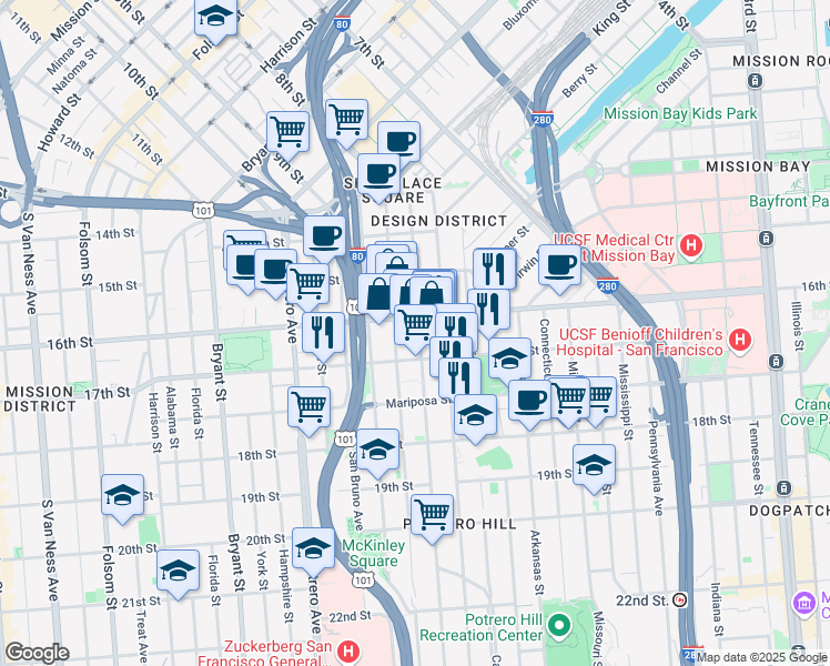 map of restaurants, bars, coffee shops, grocery stores, and more near 350 Rhode Island Street in San Francisco