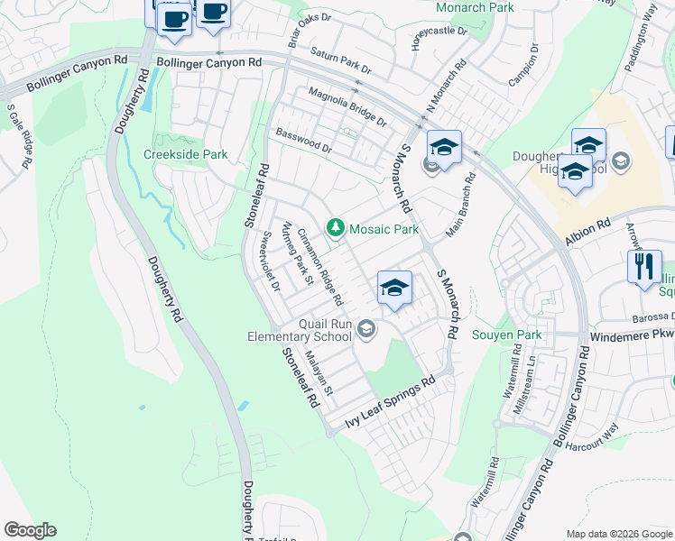 map of restaurants, bars, coffee shops, grocery stores, and more near 3550 Cinnamon Ridge Road in San Ramon