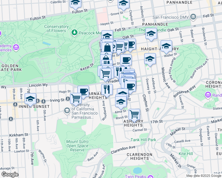 map of restaurants, bars, coffee shops, grocery stores, and more near 198 Carl Street in San Francisco