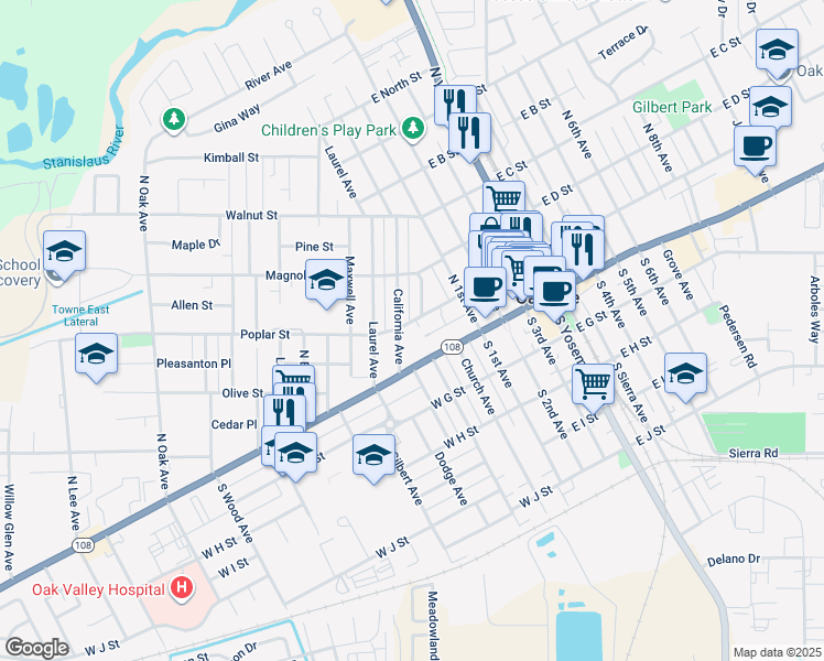 map of restaurants, bars, coffee shops, grocery stores, and more near 301 Poplar Street in Oakdale